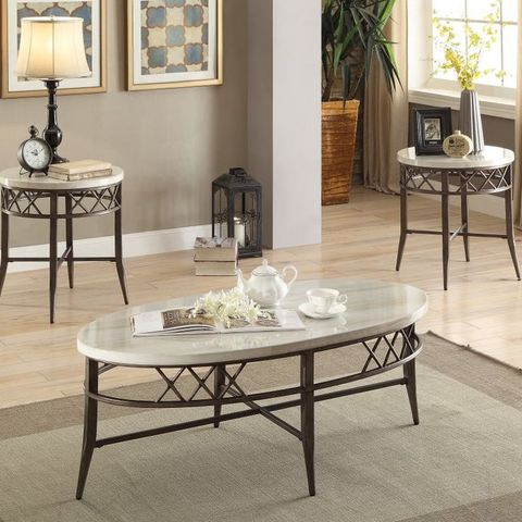 Acme Furniture Aldric Faux Marble 3 Piece Coffee And End Table Set for 3-Piece Coffee Table Set With Crossed Metal Base And Round Marble Tops, White Marble/Matte Gold